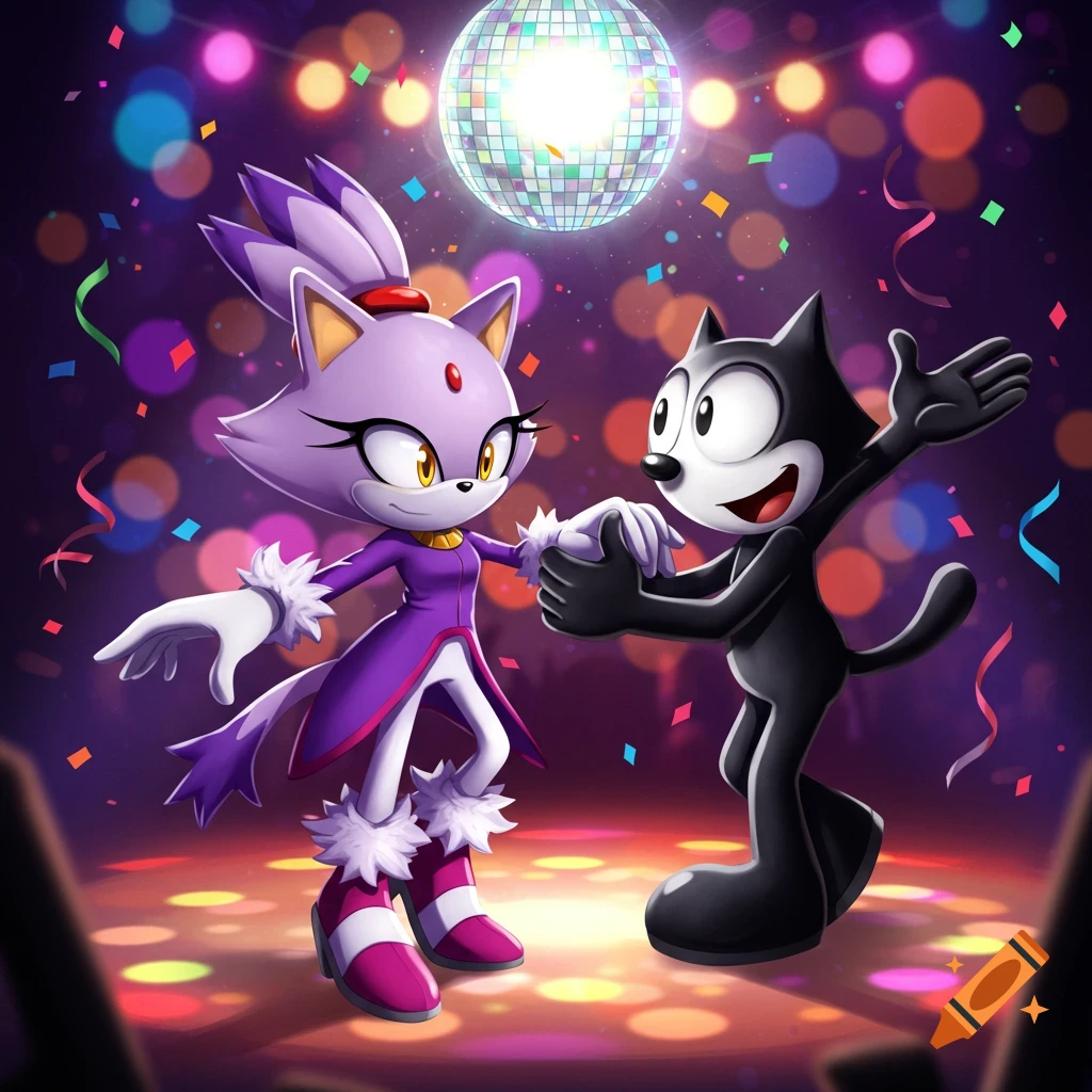Blaze the Cat and Felix the Cat dance happily under a sparkling disco ball with confetti falling.