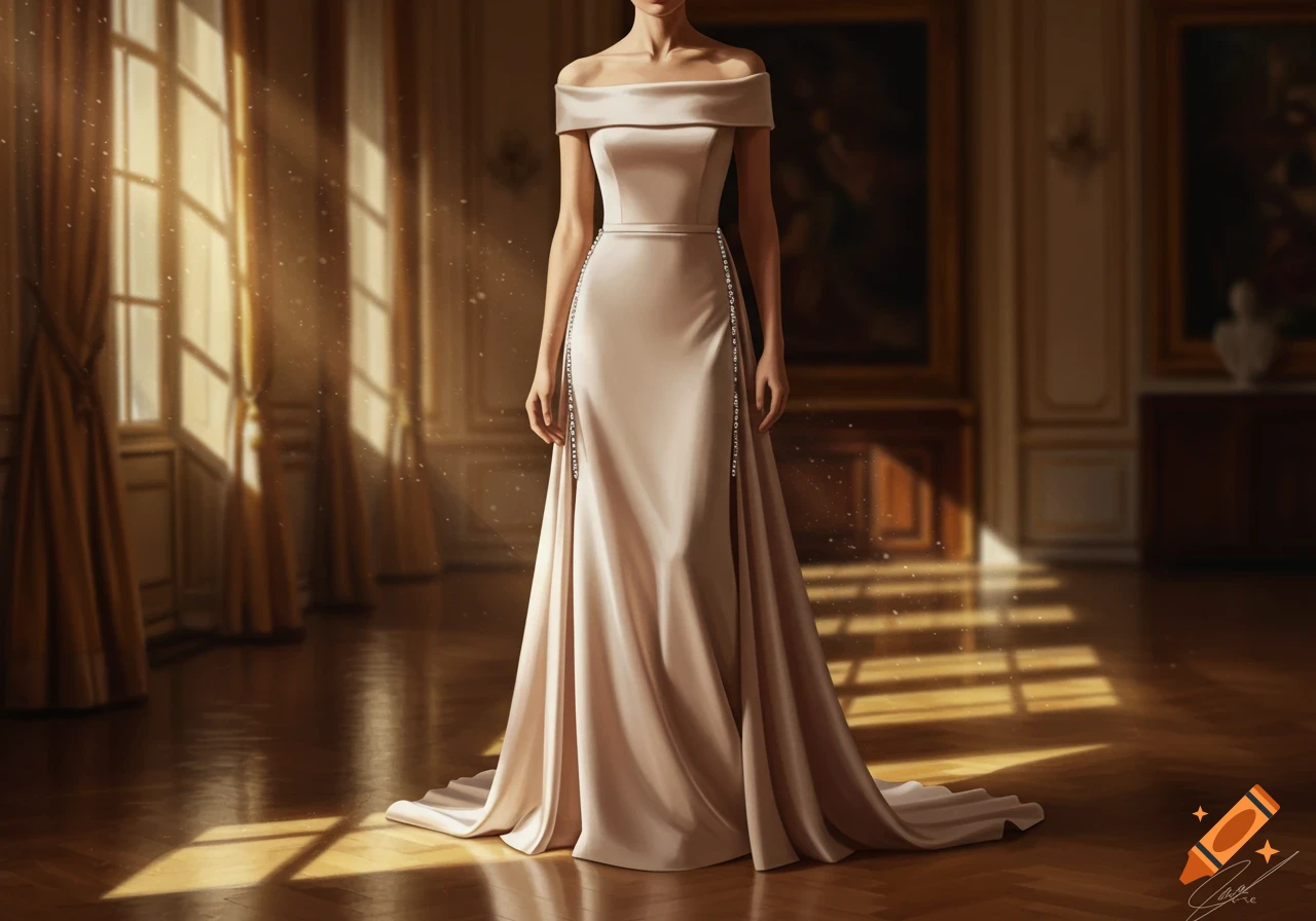 A woman in a flowing, off-shoulder, champagne-colored gown with sparkling side details stands in a grand room with sunlight filtering through windows.