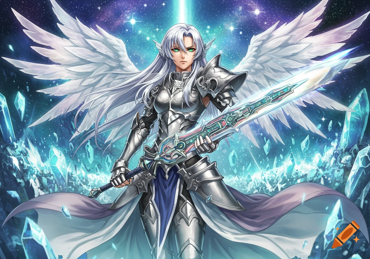 Anime angel warrior with long white hair, green eyes, silver armor, and large white wings, holding a glowing ornate sword amidst blue crystals under a starry sky.