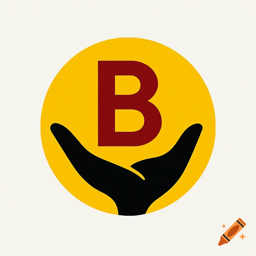 Abstract logo with a red letter B in a yellow circle, cradled by black stylized hands.