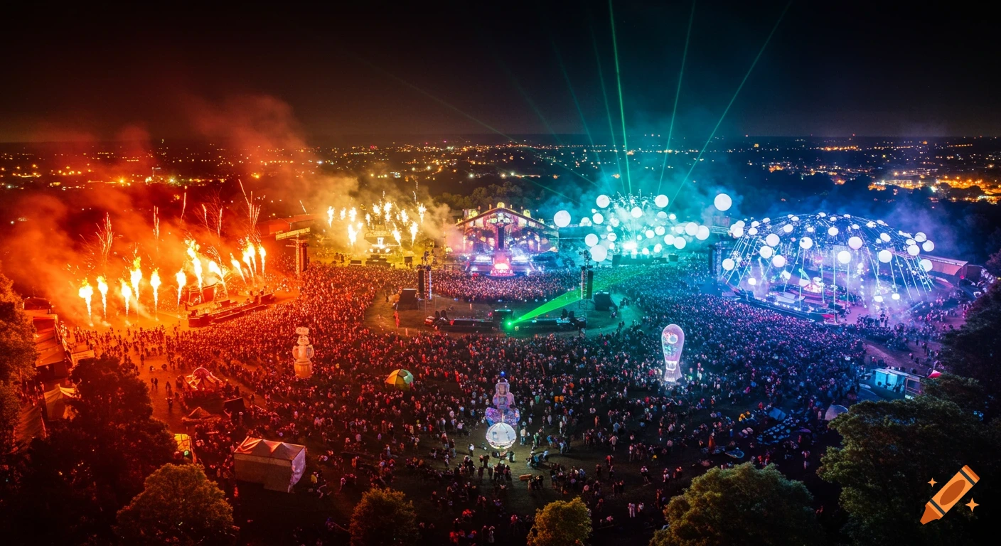 Aerial view of a vibrant night music festival with a huge crowd, stages lit by colorful lights, lasers, and fire effects.