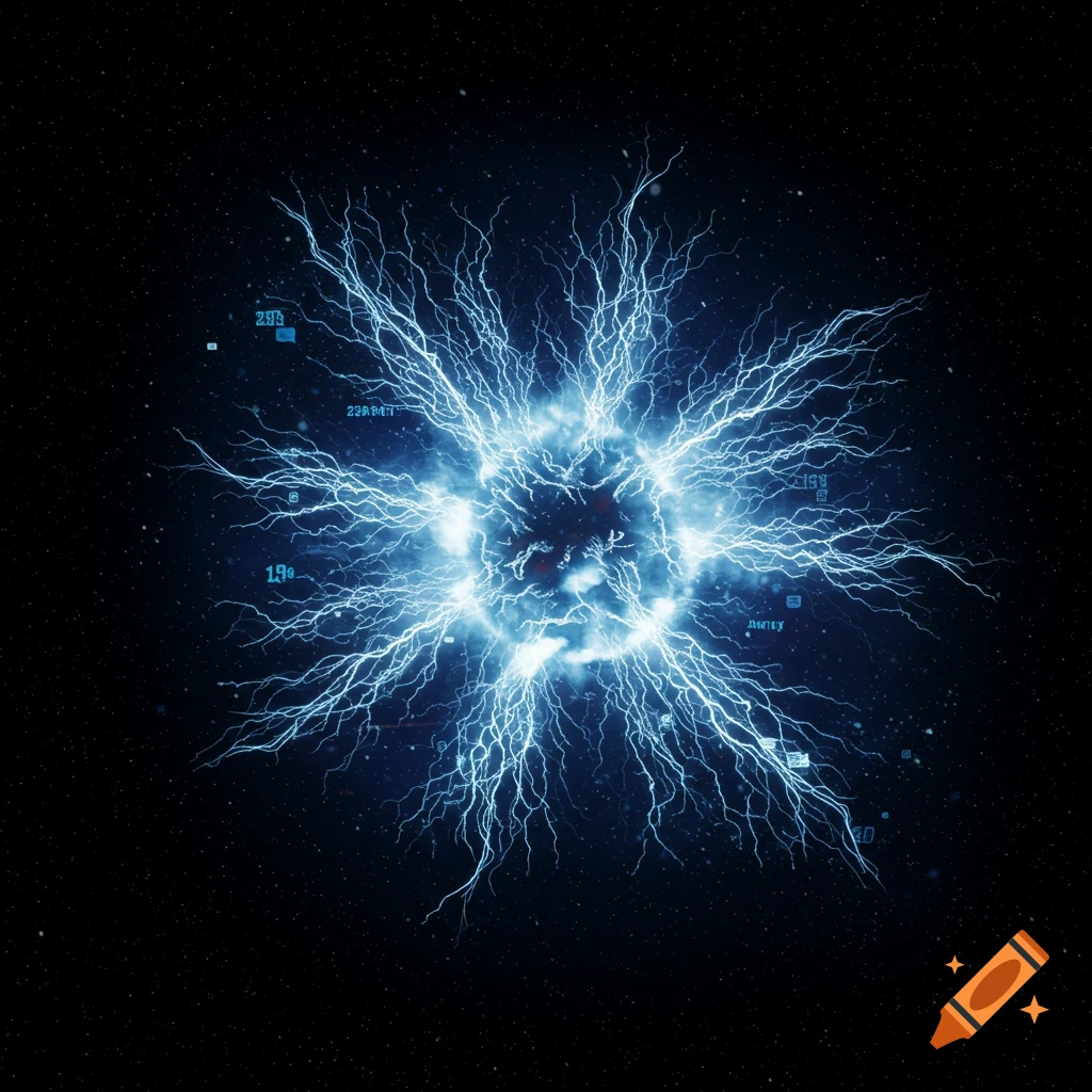 An electrifying blue energy sphere with lightning-like tendrils radiates outwards against a dark, star-filled cosmic background.