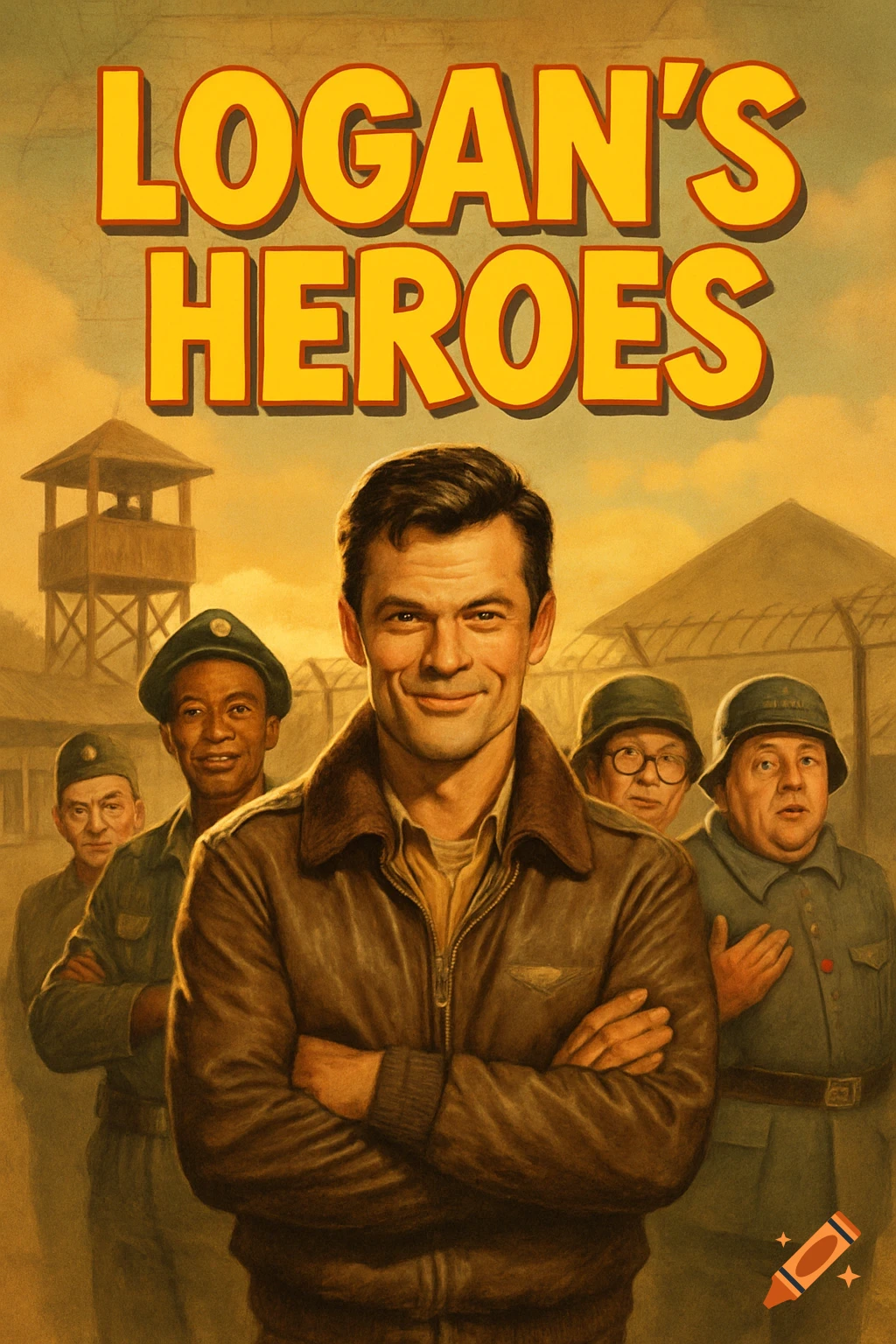 Vintage movie poster for 'Logan's Heroes' with a smiling man in a leather jacket, military personnel, and a prison camp background.