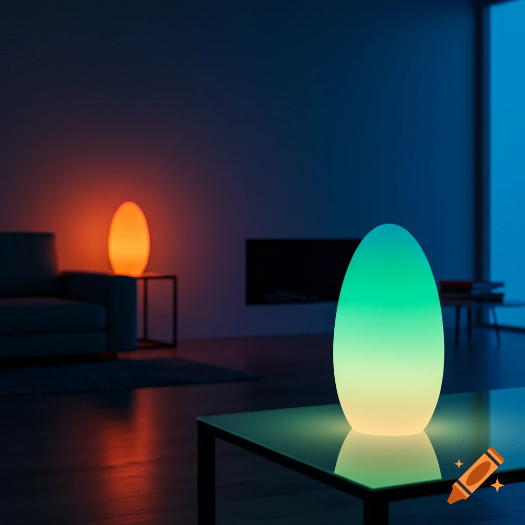 Two glowing egg-shaped mood lamps in a dimly lit, modern room; one green-yellow, one orange.