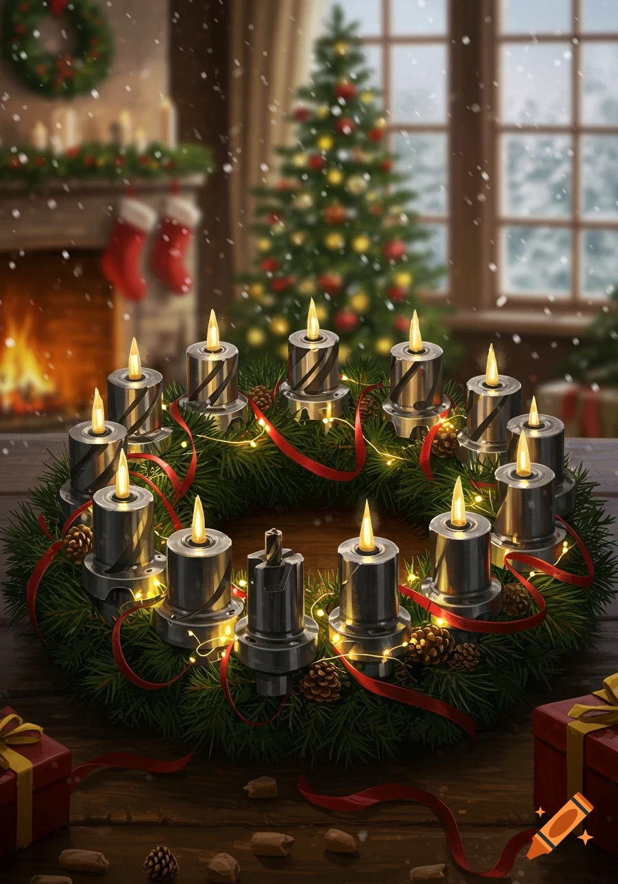 A unique Christmas Advent wreath made of metallic industrial tools and glowing candles, adorned with pine, ribbons, and lights, in a cozy room with a tree and fireplace.