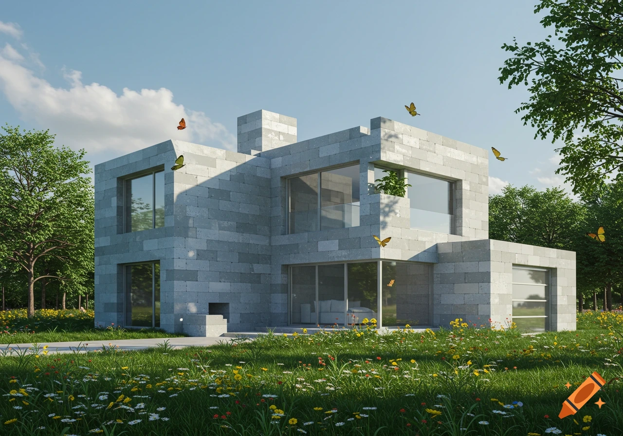 Modern, blocky house made of light gray bricks, surrounded by a lush lawn with wildflowers and trees, under a blue sky with butterflies.