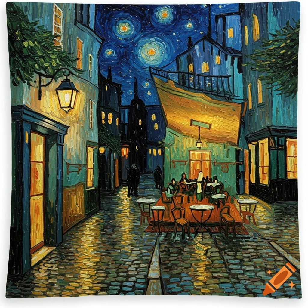 Van Gogh style painting of a bustling Parisian cafe at night on a cobblestone street under a starry sky.