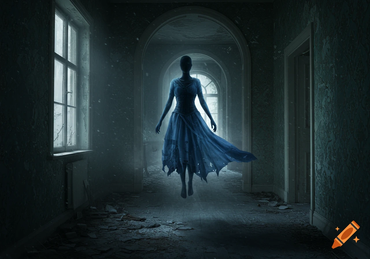 An eerie, faceless ghost woman in a flowing blue gown floats in a dark, dilapidated mansion corridor with large windows.