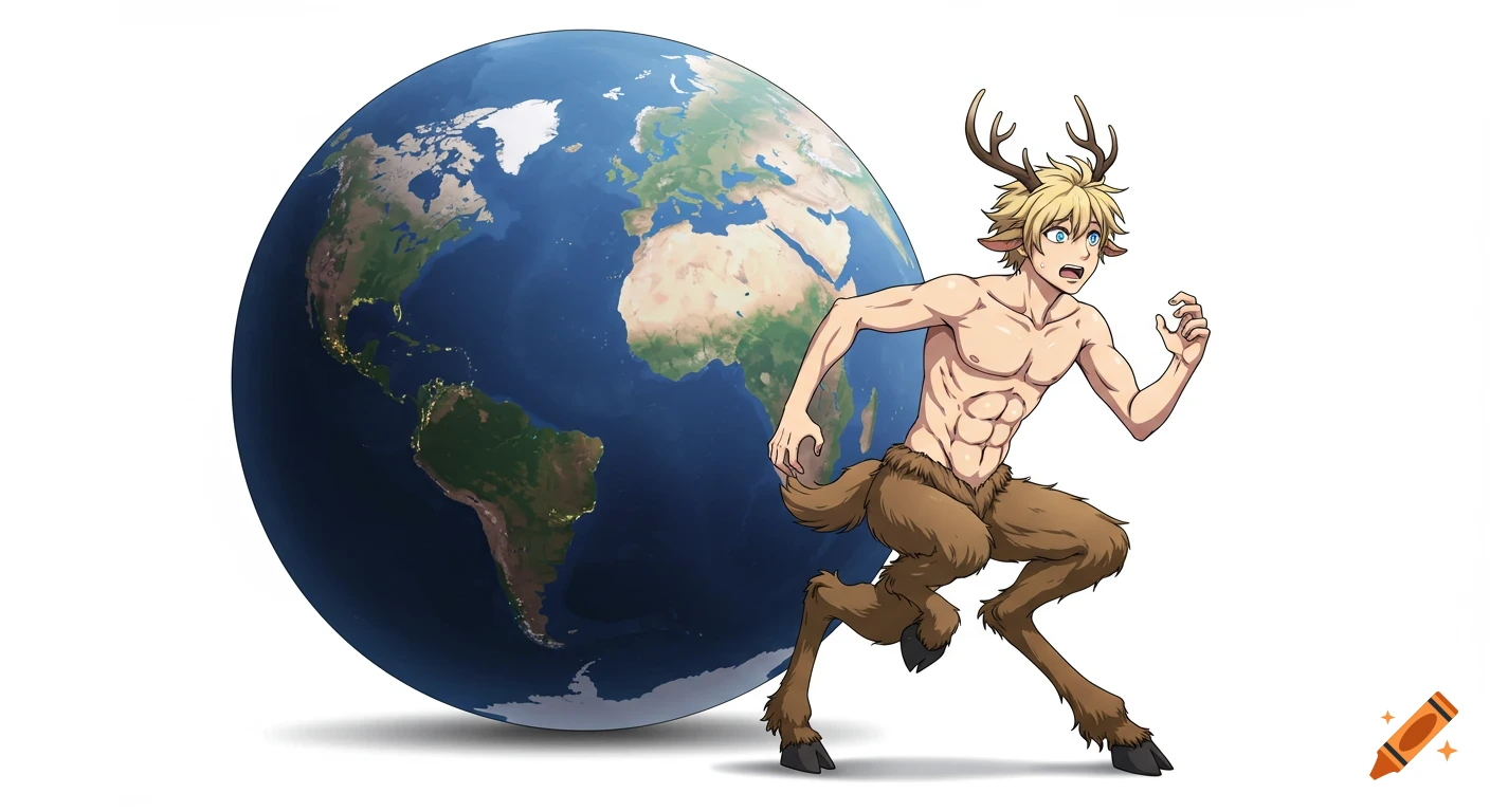 Anime style illustration of a shirtless, blond satyr with antlers and hooves running anxiously from a large globe of Earth.