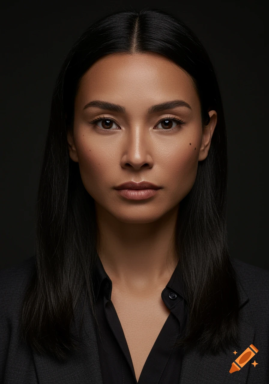 Photorealistic portrait of a woman with dark hair and intense gaze, wearing a black shirt and charcoal jacket.