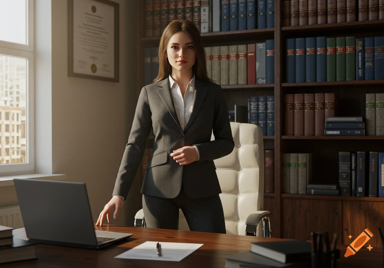 A young female lawyer in a professional suit stands confidently in her photorealistic office, with a laptop on her desk and law books behind her.