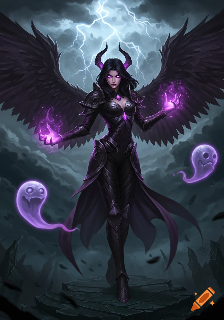 A dark-winged sorceress with horns conjures purple magic amidst a lightning storm, accompanied by two glowing purple ghost spirits.