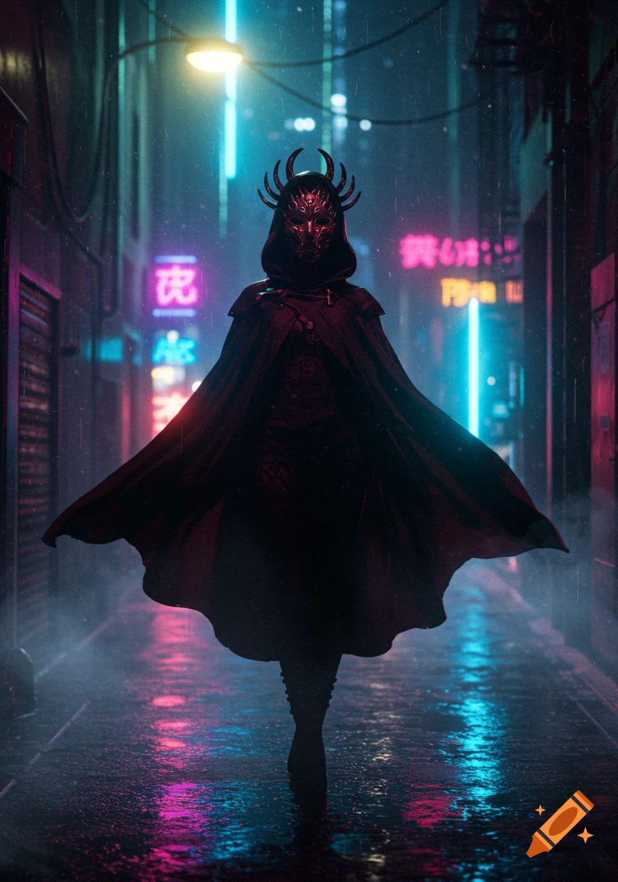 A mysterious masked figure in a dark, rainy cyberpunk alley with neon lights.