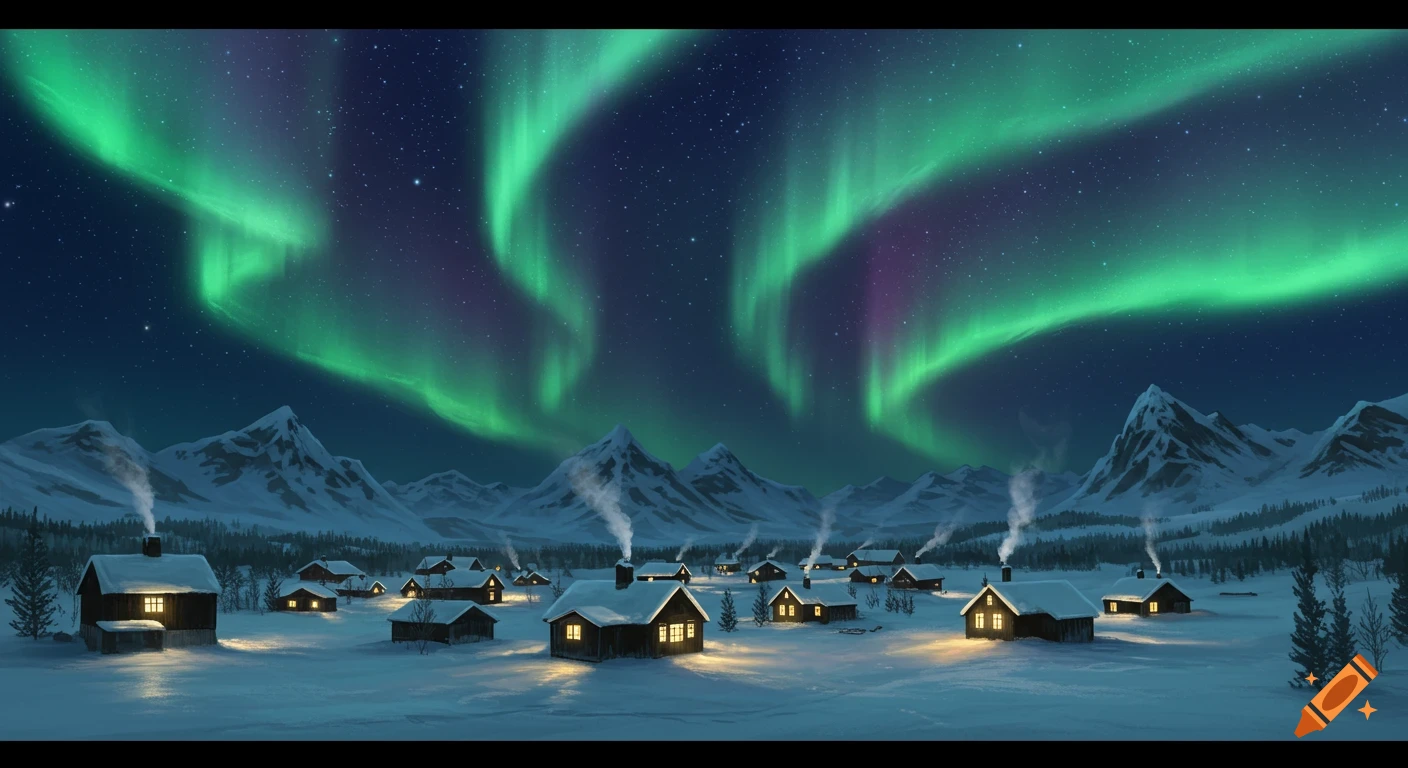 A snow-covered village nestled among mountains at night, illuminated by glowing houses and a vibrant green aurora borealis.