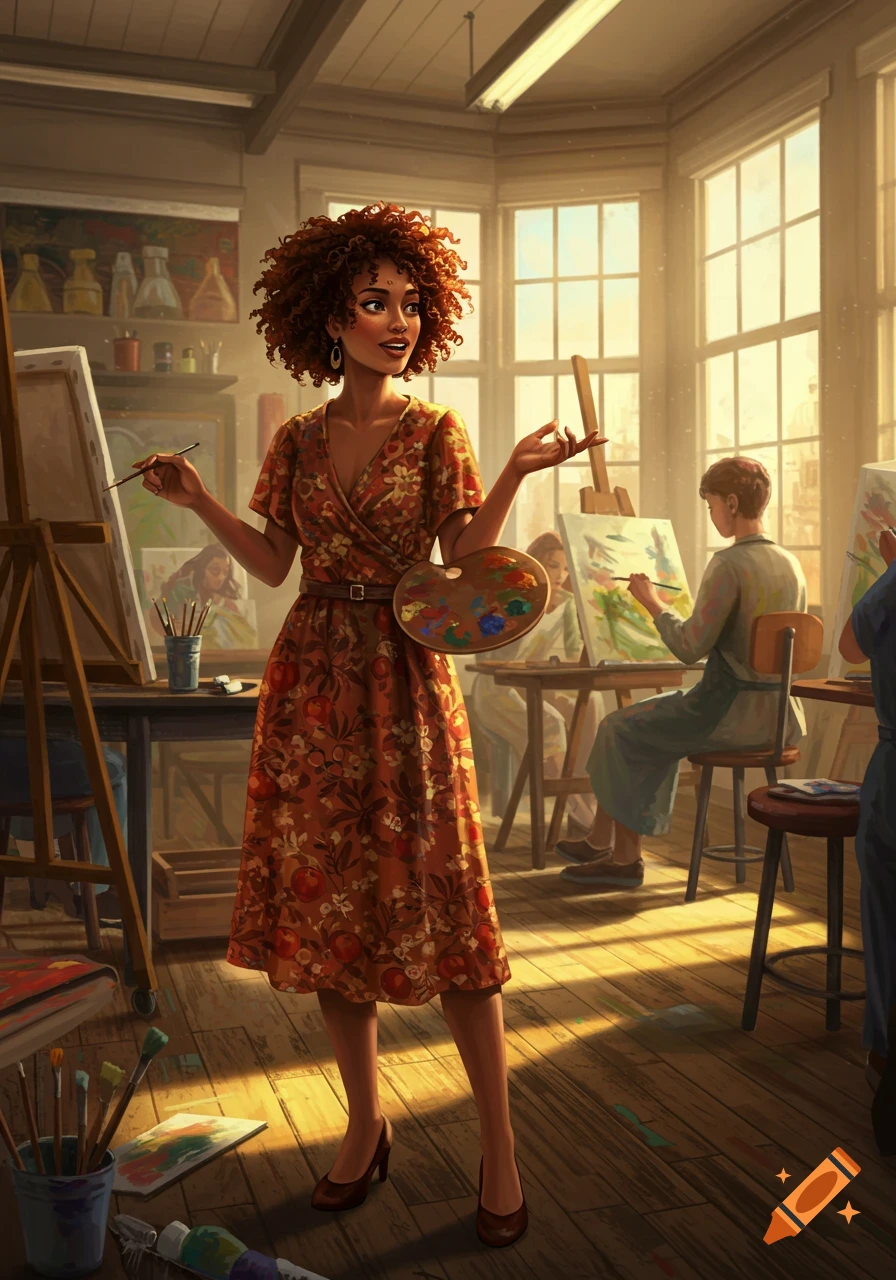 Digital art of a smiling art teacher with curly hair holding a brush and palette in a sunny art studio with students painting.