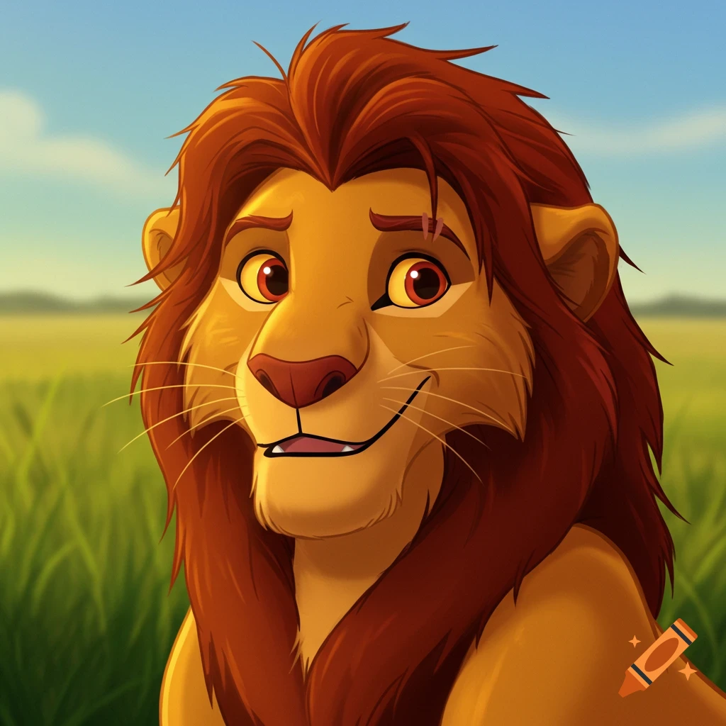 A friendly animated lion character with a reddish-brown mane and golden eyes smiles in a grassy savanna under a blue sky.