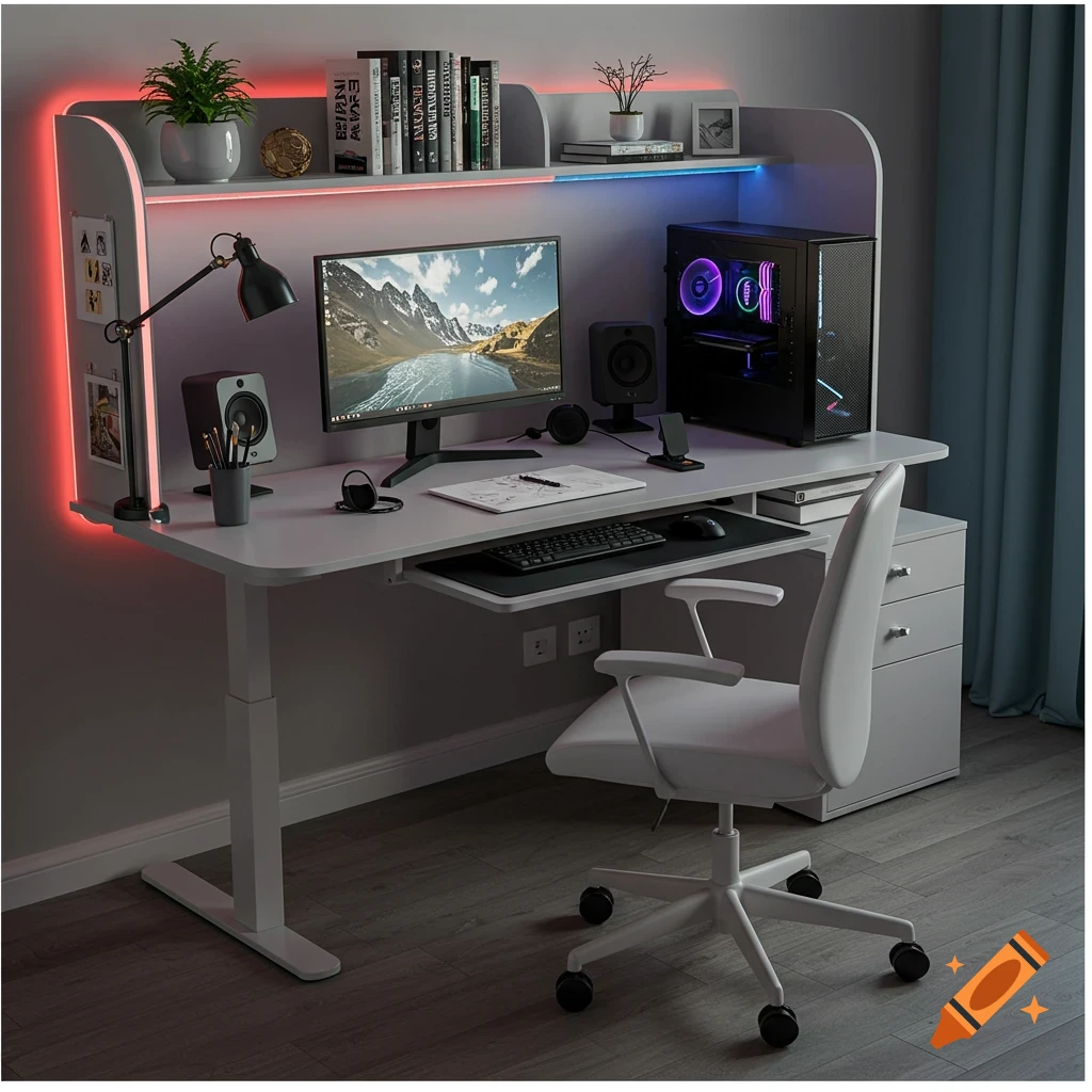 A modern white computer and study desk setup with RGB lighting, a monitor, PC, speakers, books, and an adjustable chair.