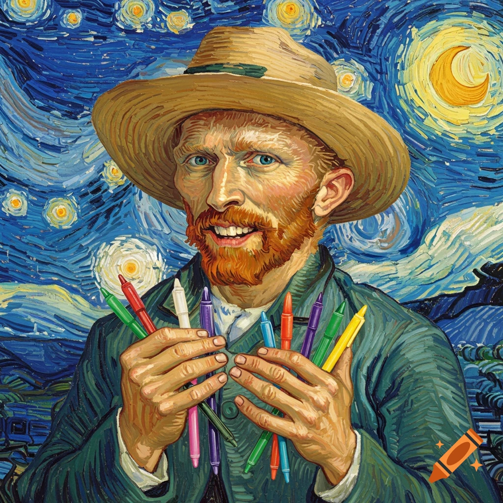 A painted portrait in Van Gogh's style, showing a bearded man with a straw hat, smiling and holding many colorful pens against a swirling starry night background.