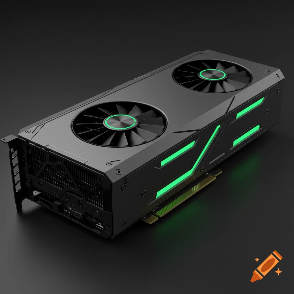 A sleek black computer graphics card with two cooling fans and green LED lights, photographed in a professional studio setting.