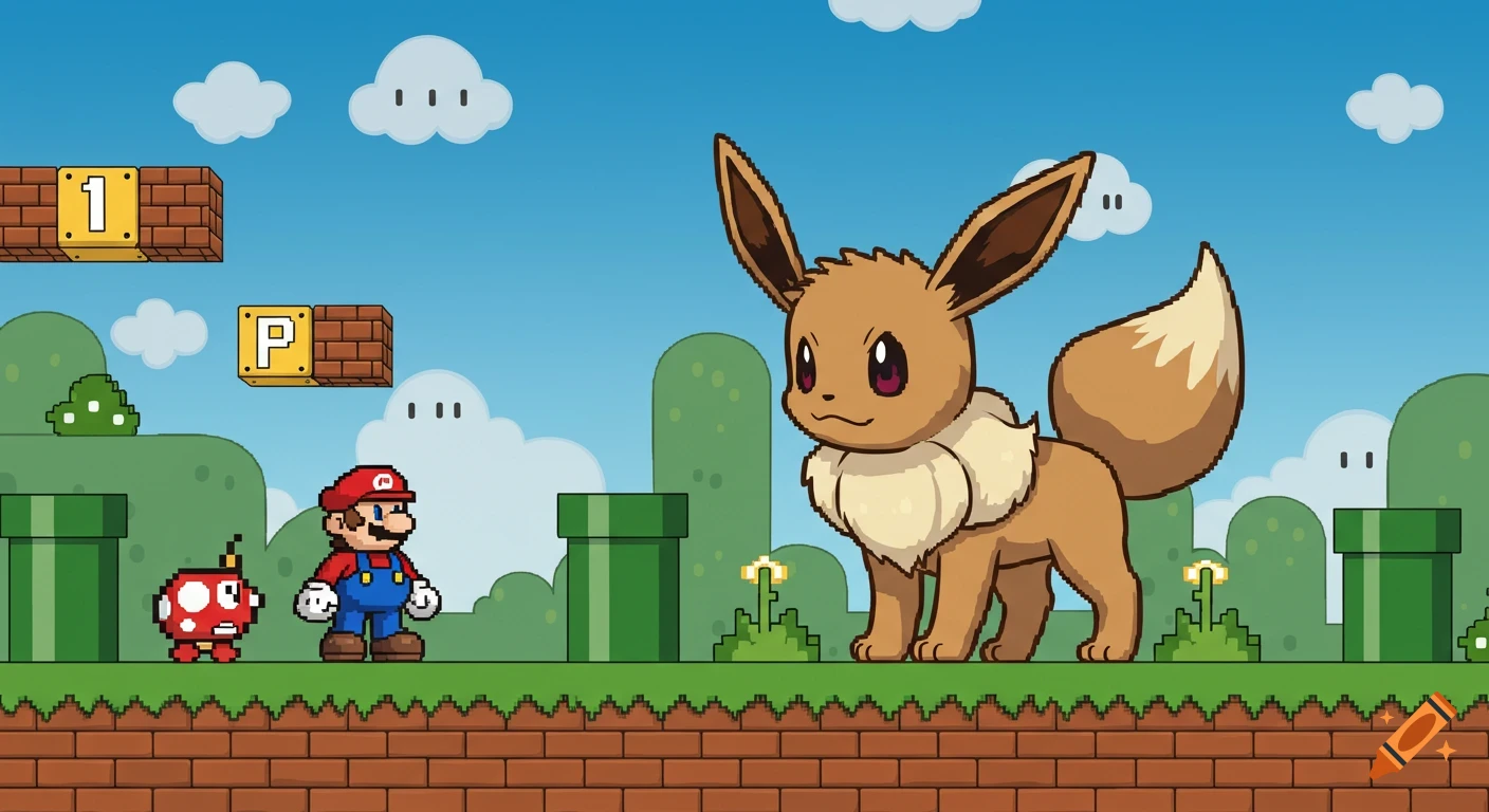 8-bit pixel art of Mario standing with a giant Eevee and a red enemy in a Super Mario Bros. level.