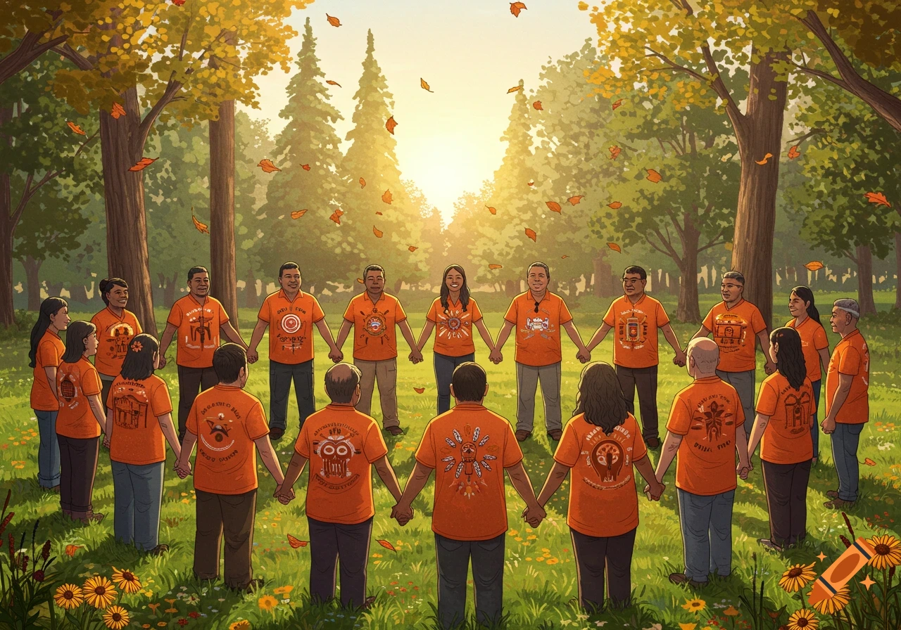 A diverse group of people in orange shirts hold hands in a circle in a sunny autumn park.