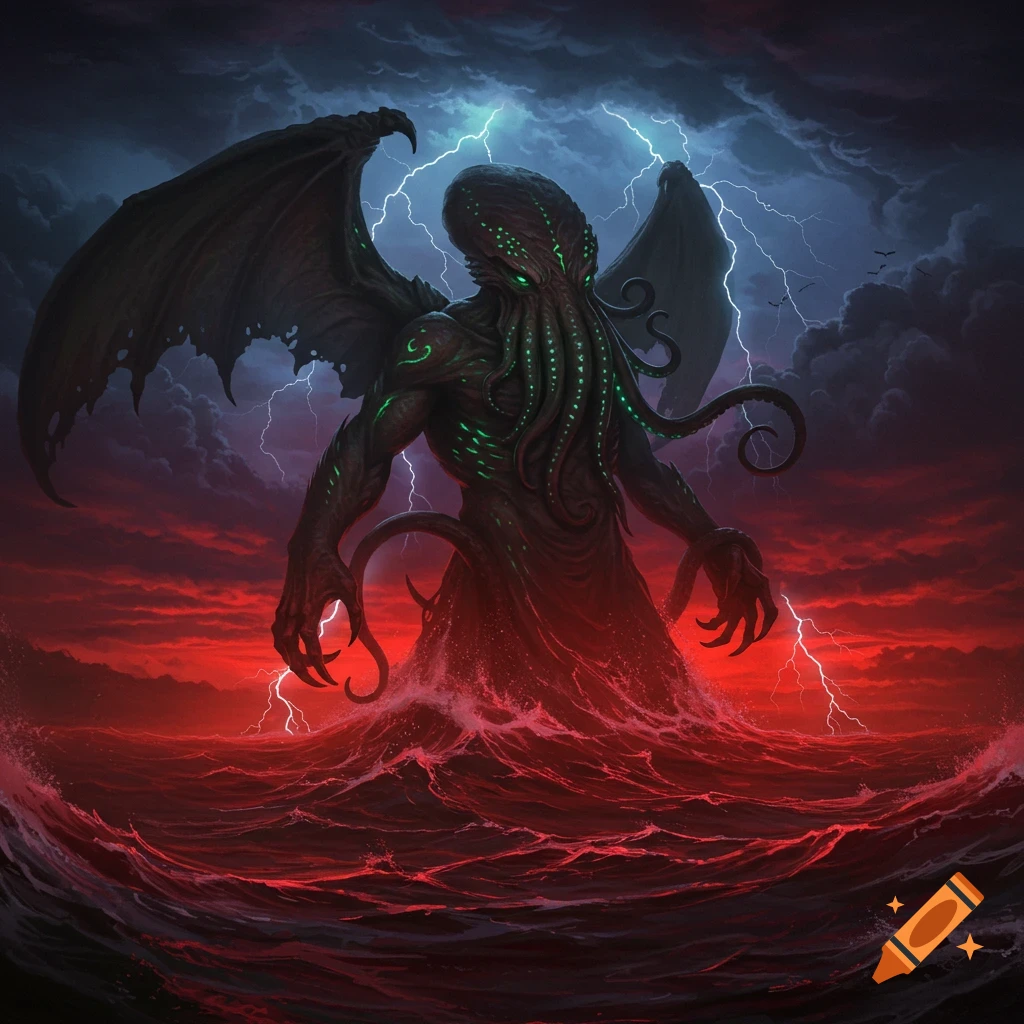 Cthulhu, a dark winged creature with tentacles, rises from a red stormy ocean with lightning in the sky.