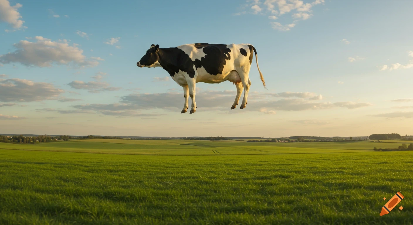 A black and white cow floats above a vast green field under a blue sky with scattered clouds, photorealistic style.