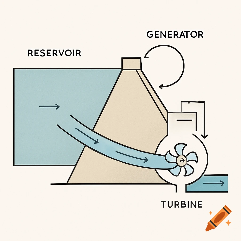 Minimalist diagram illustrating a hydroelectric dam with a reservoir, dam, turbine, and generator labeled.