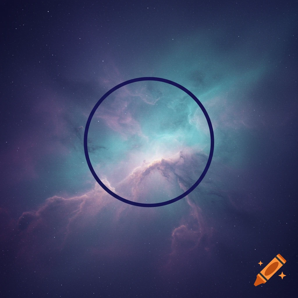 A dark blue circle overlaid on a vibrant nebula with purple and teal gas clouds and scattered stars.