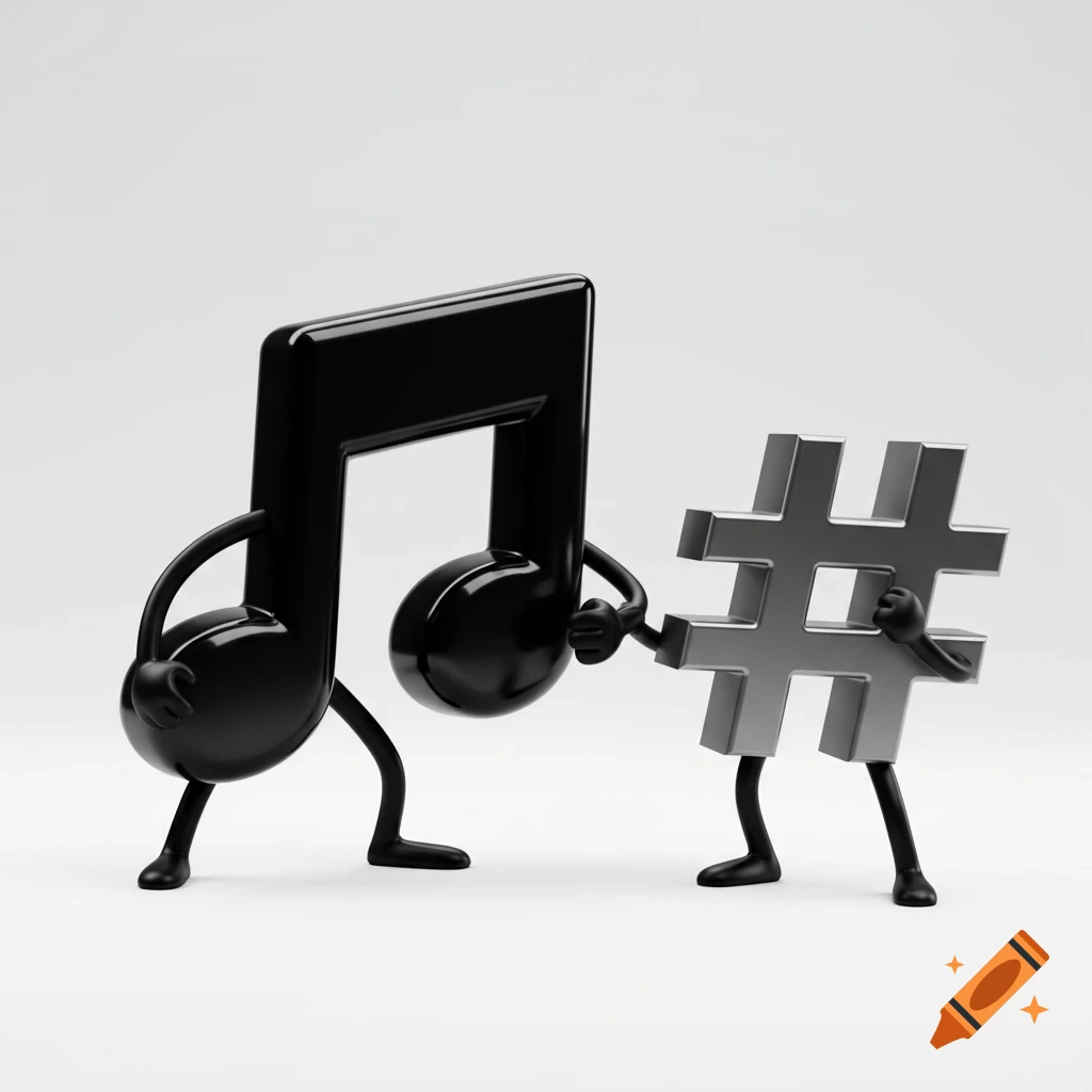 3D render of a black musical note with limbs facing a grey hashtag symbol with limbs, on a white background.