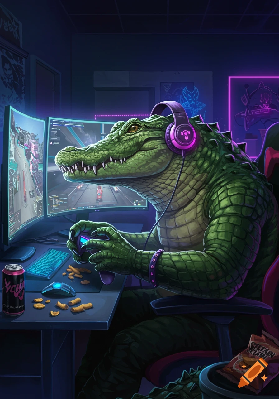 A green alligator with purple headphones plays video games on a dual-monitor setup in a neon-lit room, holding a controller.