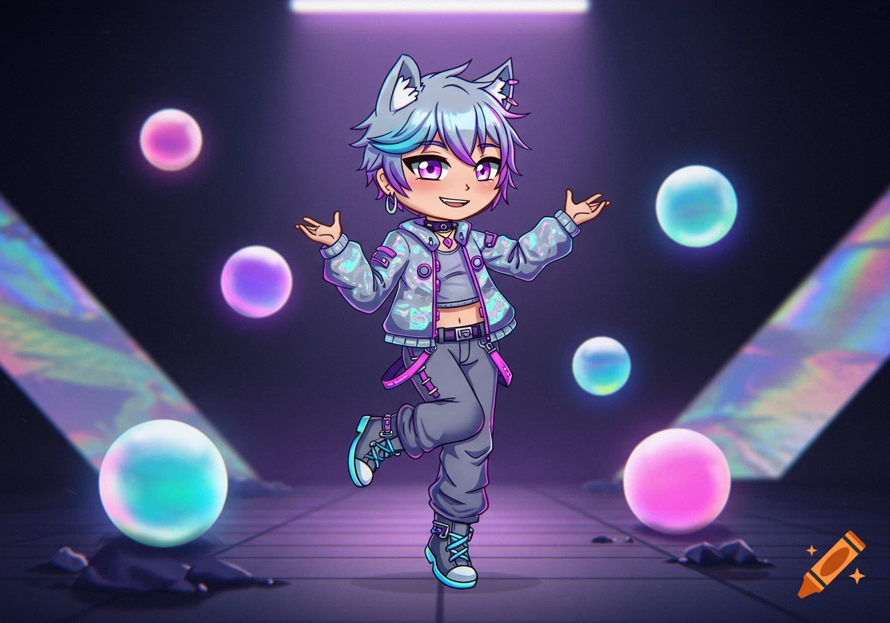A vibrant Gacha-style character with animal ears and a holographic jacket stands in a neon room with colorful glowing orbs.