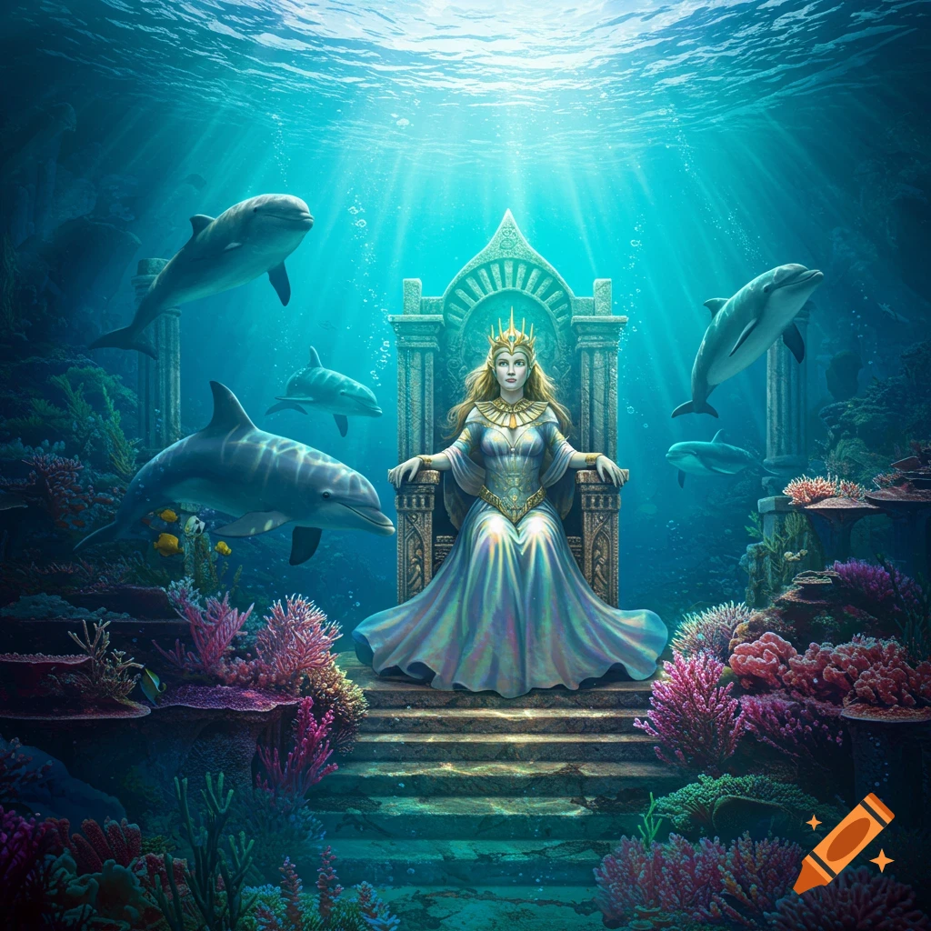 A regal queen wearing a crown sits on an elaborate throne underwater, surrounded by coral reefs and dolphins in glowing blue water.