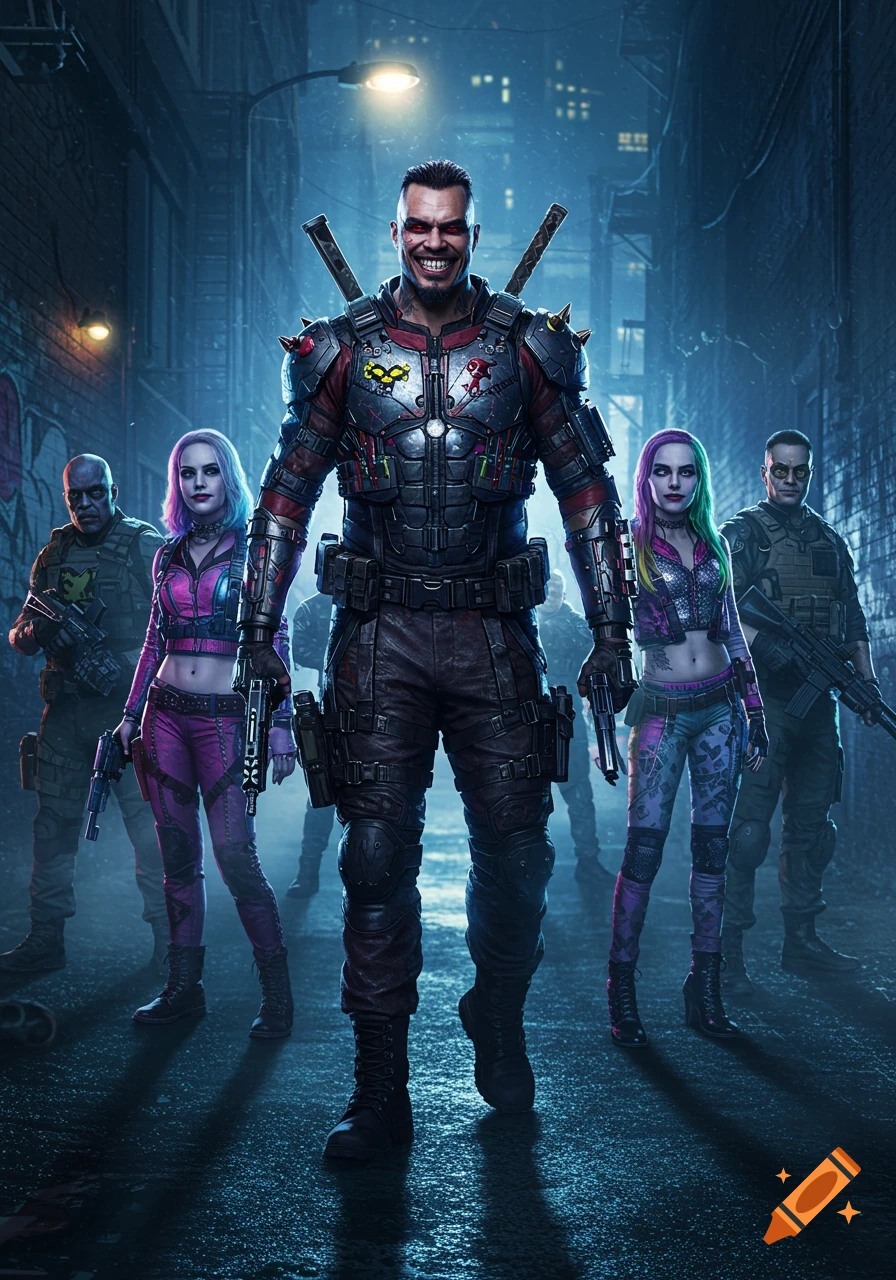 A grinning man in tactical armor leads a group of armed anti-heroes in a dark, rainy city alley, in a photorealistic comic art style.