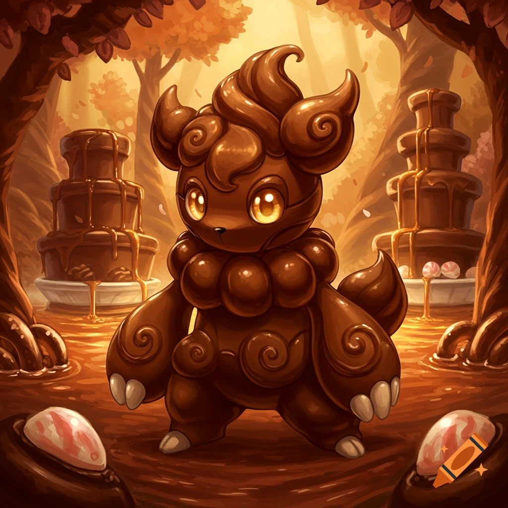 Cute chocolate Pokémon creature in a fantasy chocolate forest with chocolate fountains and candy.