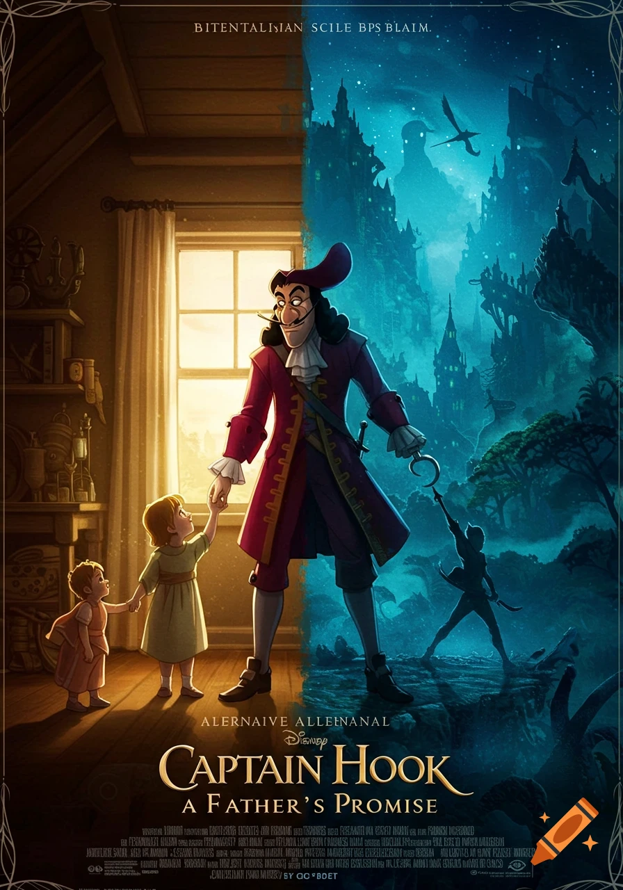 A split movie poster for "Captain Hook: A Father's Promise." One side shows Hook with two children in a warm home, the other shows him as a captain in a dark, stylized Neverland. Hook stands between the two scenes.