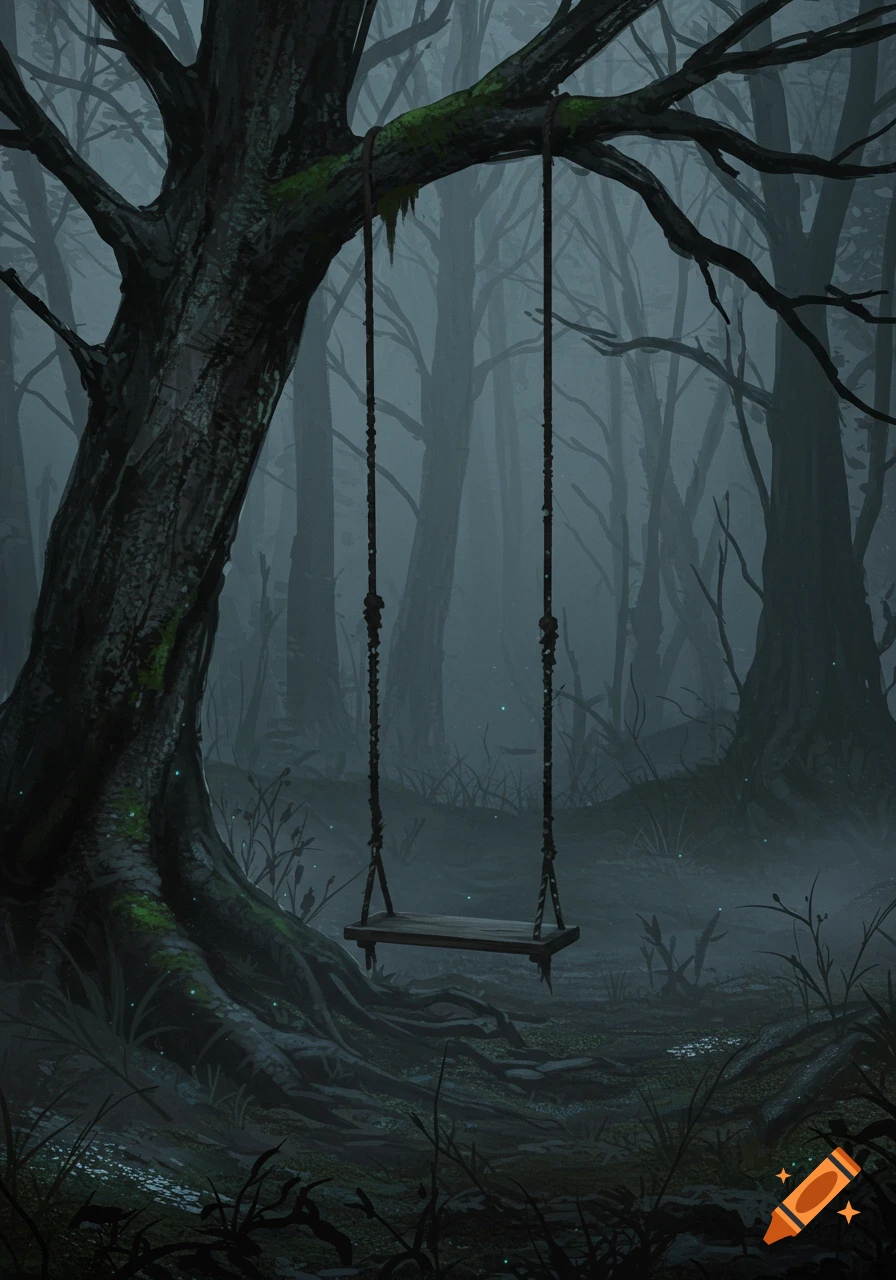 A dark and foggy forest scene with an old wooden swing hanging from a mossy tree, glowing with subtle green lights.