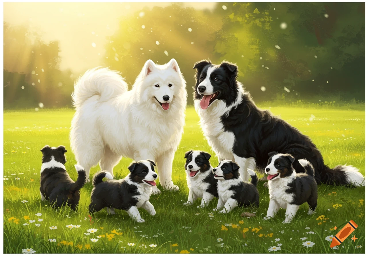 A fluffy white Samoyed and a black and white Border Collie stand in a sunlit grassy field with five Border Collie puppies playing around their feet. Stylized art.