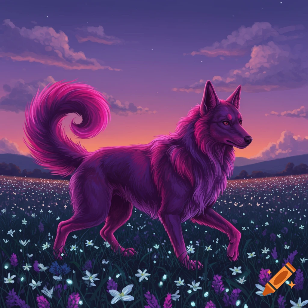 A vibrant purple dog with a curly pink tail trots through a field of glowing white and purple flowers under a purple and orange sunset sky in a stylized illustration.