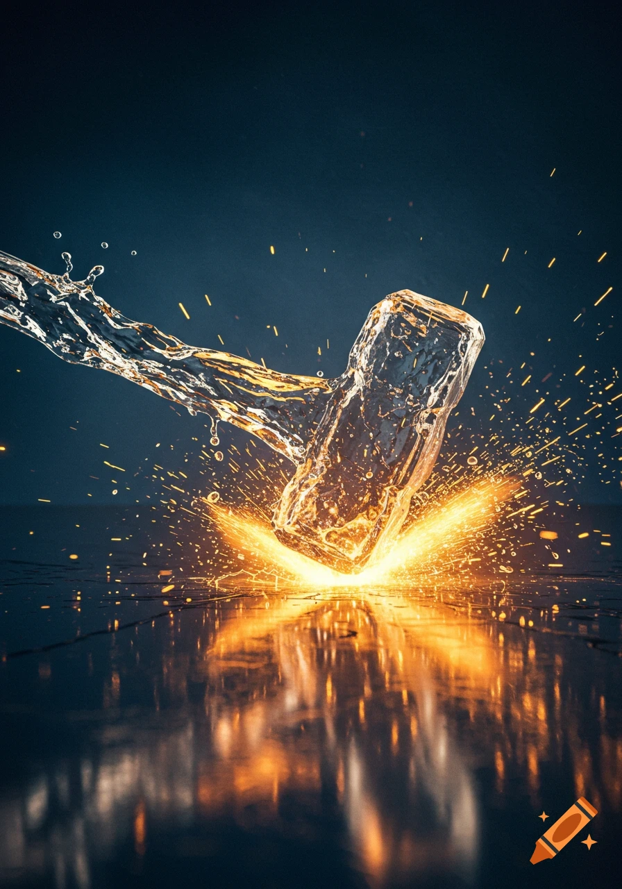 A clear water hammer strikes a dark, reflective surface, creating bright orange and yellow sparks and splashes against a dark background.