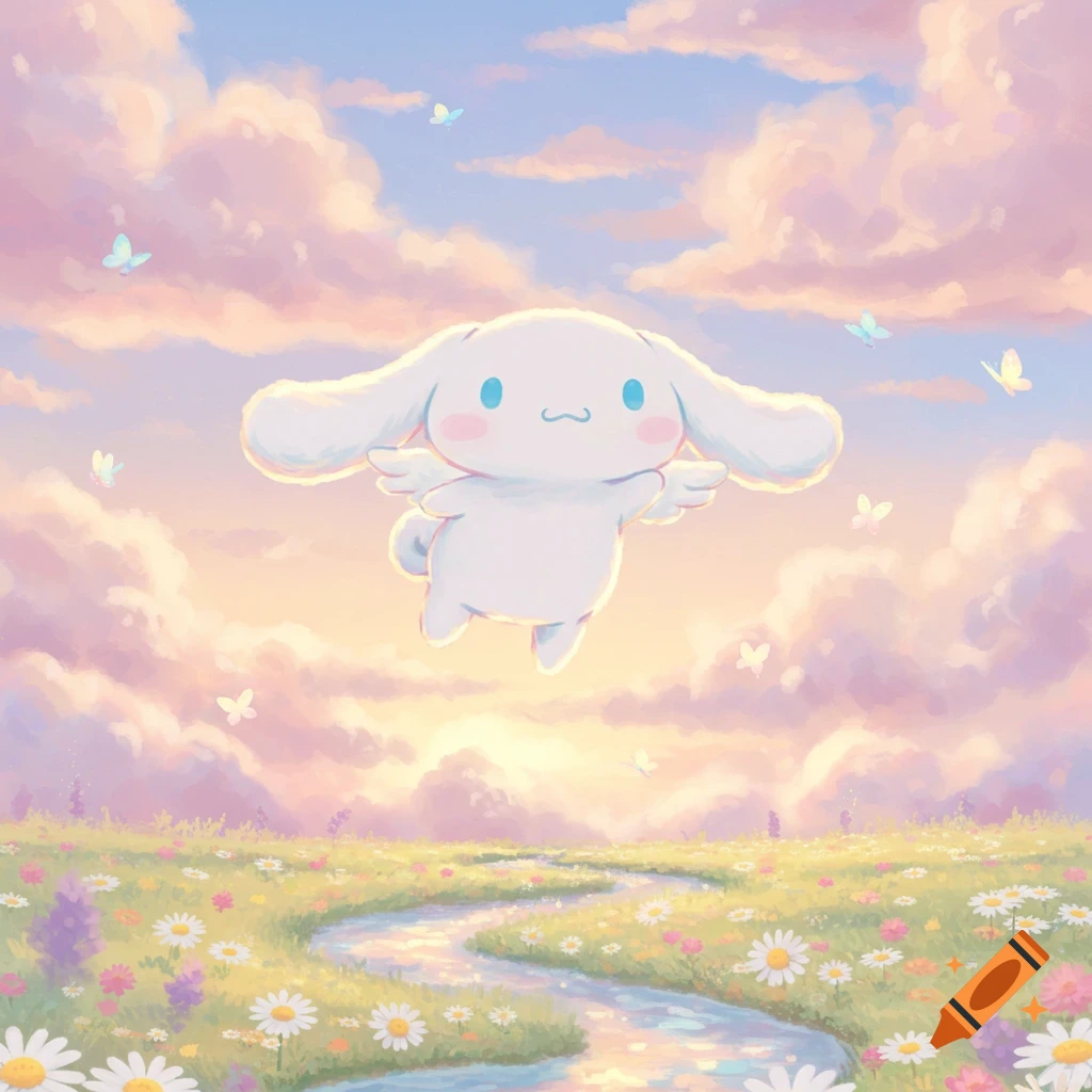 Cute Cinnamoroll character flying in a pastel sky with pink clouds, above a vibrant flower field and winding stream.