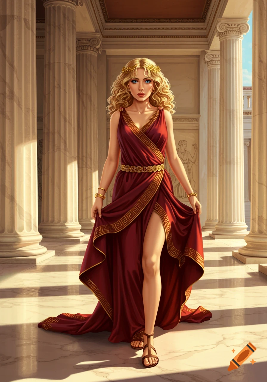A blonde woman in a red, gold-trimmed Greek-style robe stands in a columned ancient Greek building.