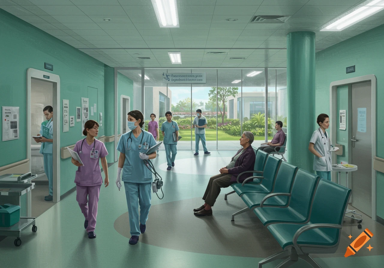 Illustration of a bright hospital hallway with medical staff walking and a patient sitting in a waiting area.