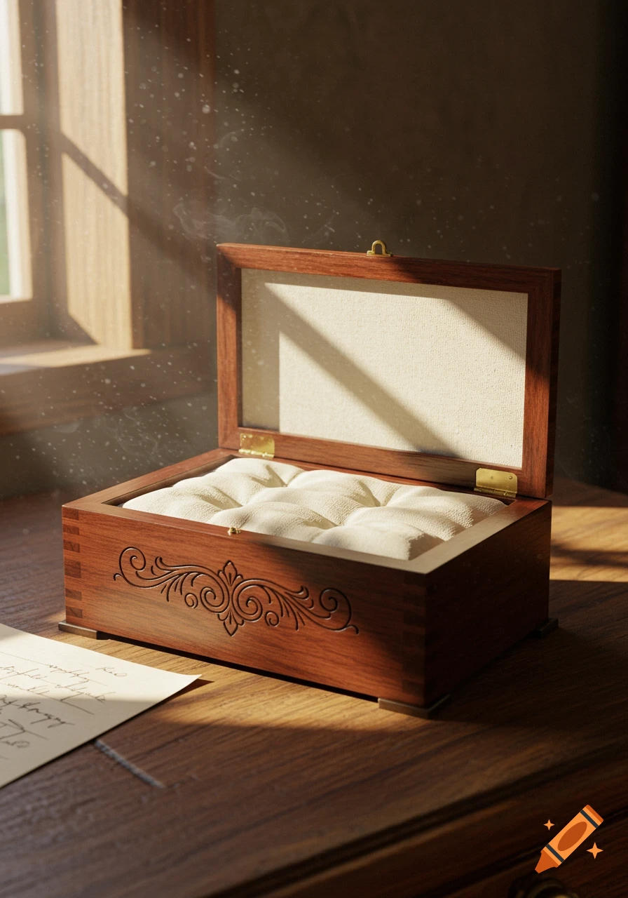 An open ornate wooden box with a padded interior sits on a sunlit wooden desk next to a handwritten letter.