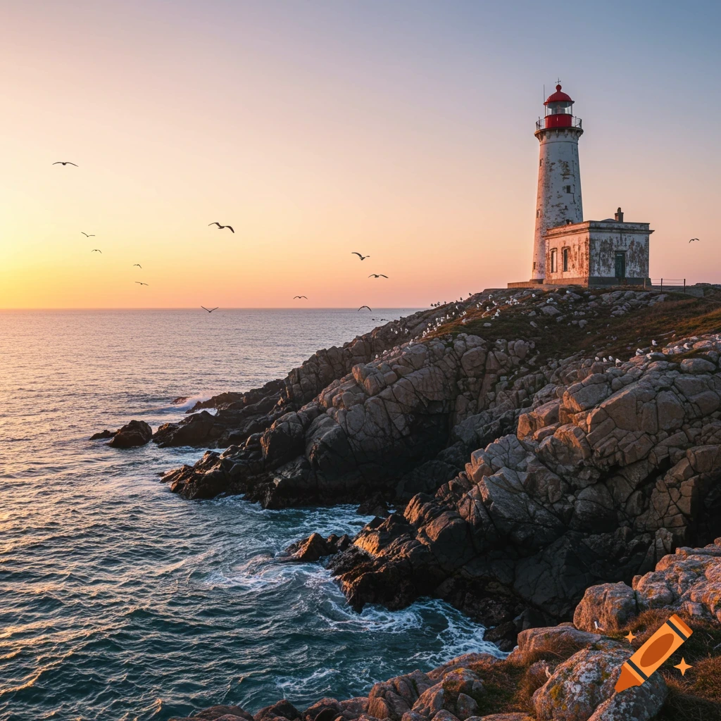 White lighthouse on a rocky coast overlooking the ocean at sunset, with birds flying.