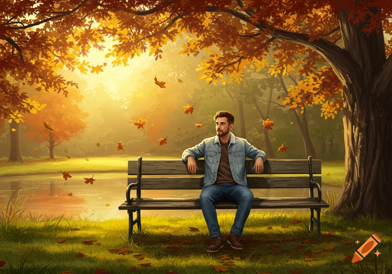 An illustrated man with a beard sits on a park bench during autumn, with golden leaves falling and a pond in the background.