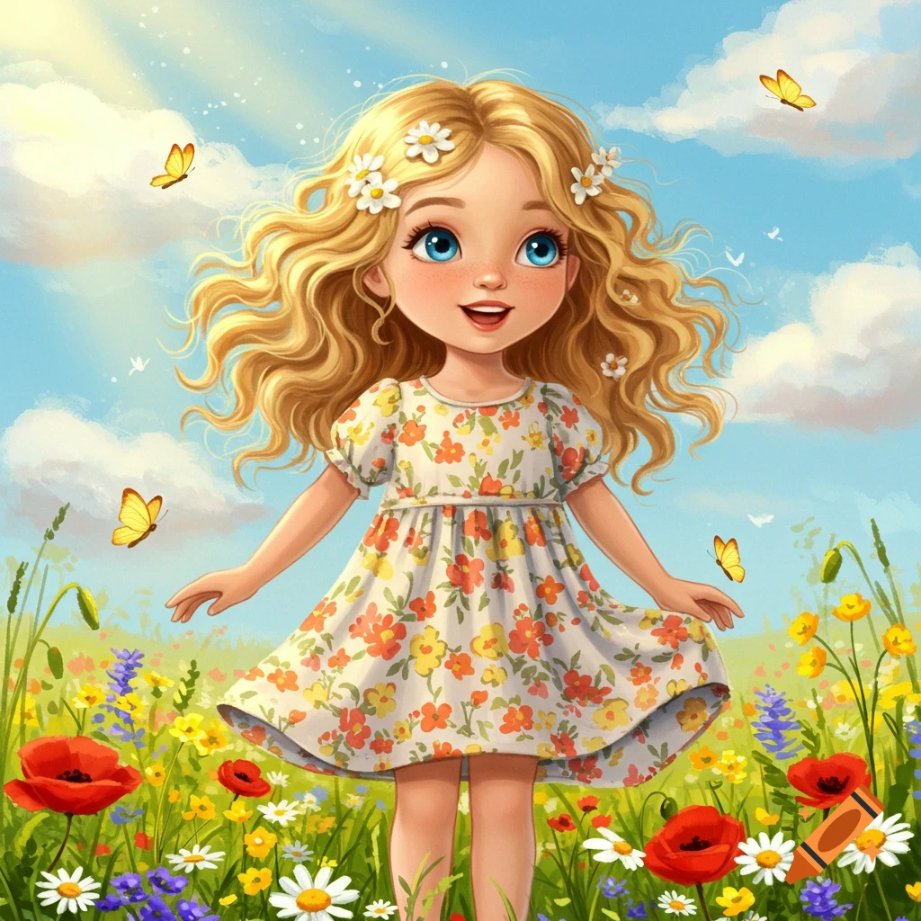 A cheerful cartoon young girl with blonde curly hair and daisy flowers in her hair, standing in a vibrant field of wildflowers under a sunny blue sky with butterflies.