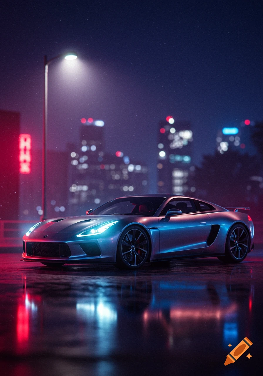 Silver sports car parked on a wet street at night, illuminated by blue and red neon city lights, with a blurred city skyline in the background.