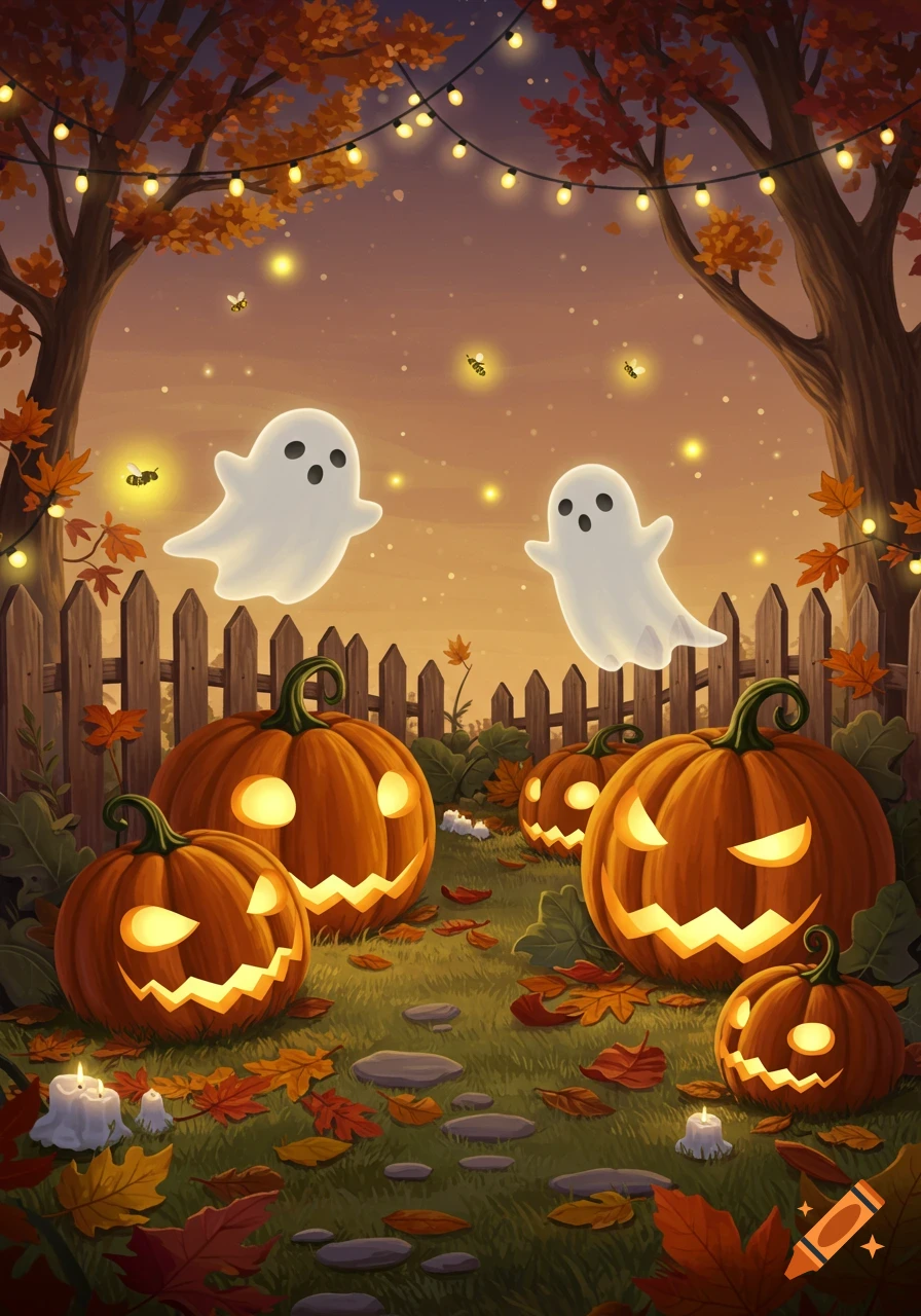 Cute Halloween illustration with glowing jack-o'-lanterns, floating white ghosts, autumn leaves, and string lights at dusk.