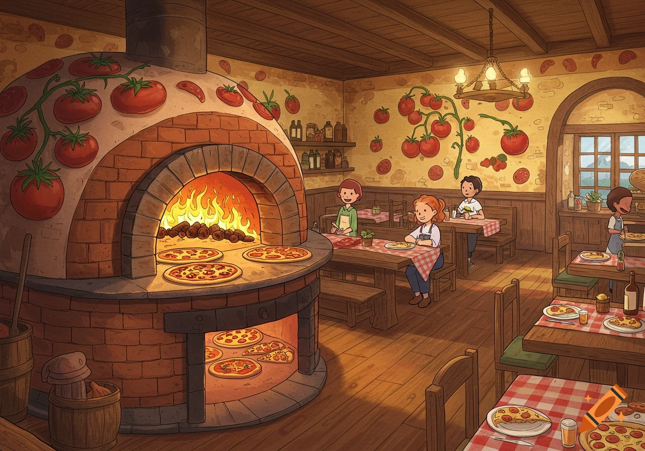 A cartoon-style pizzeria with a large brick pizza oven, cooking pizzas, and customers dining at wooden tables.